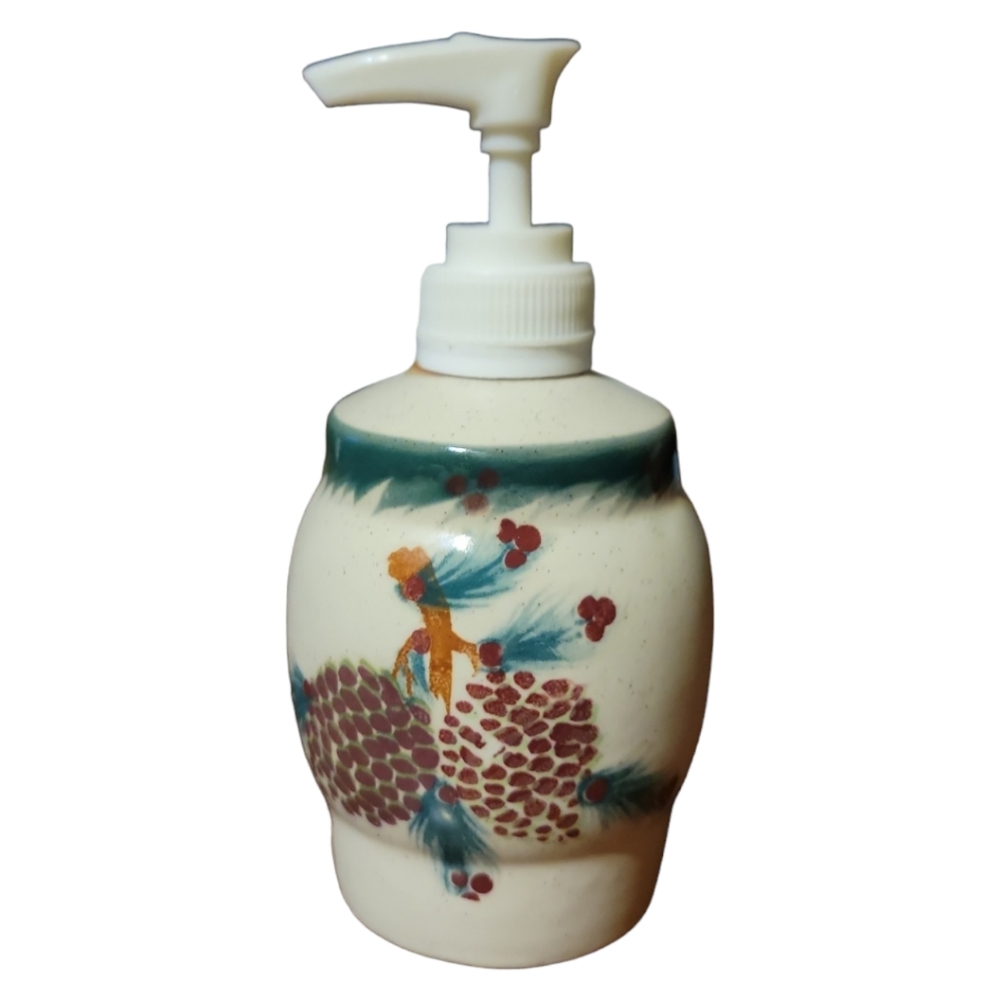 Vtg Ceramic Pump Bathroom Soap Dispenser Abstract Art Pine Tree Cones
